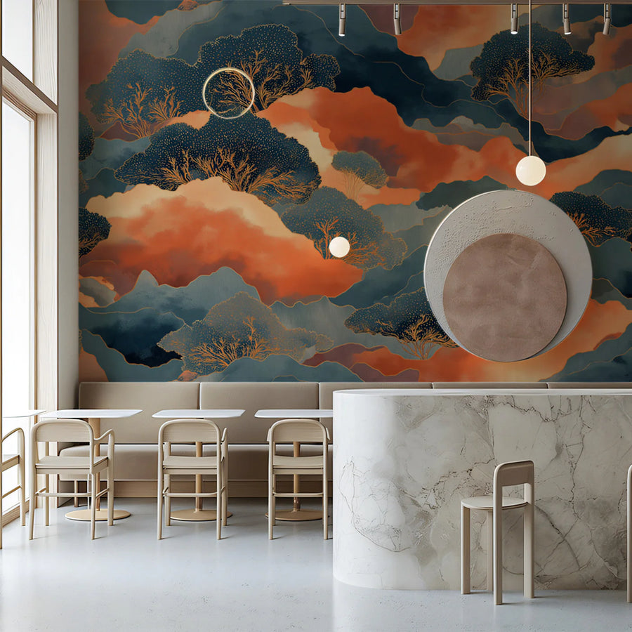 Abstract Sunset Landscape Mural Wallpaper in Teal and Burnt Orange Mural Wallpaper