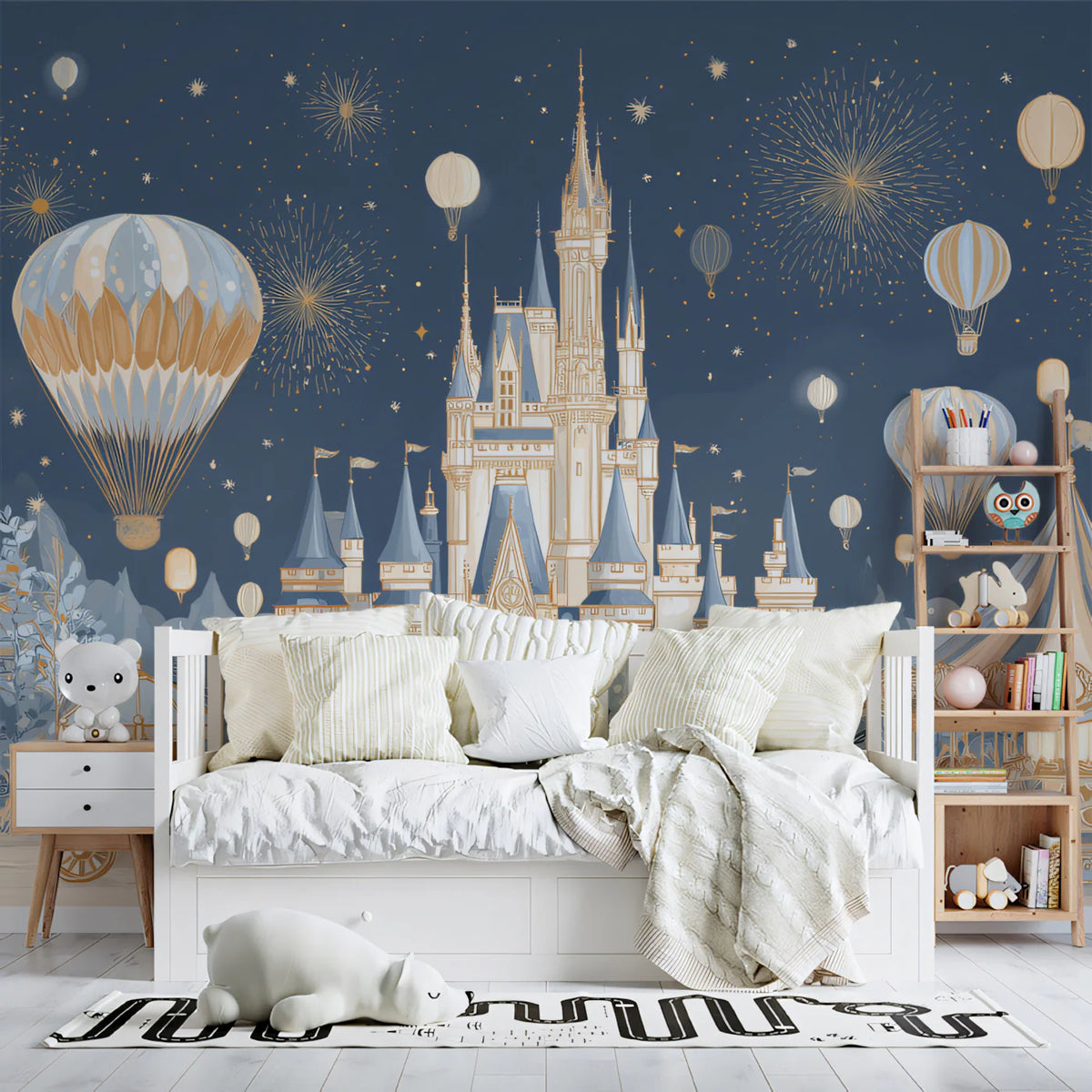 Midnight Castle and Carnival Mural Wallpaper in Blue and Gold Mural Wallpaper - pure wallpaper artwork