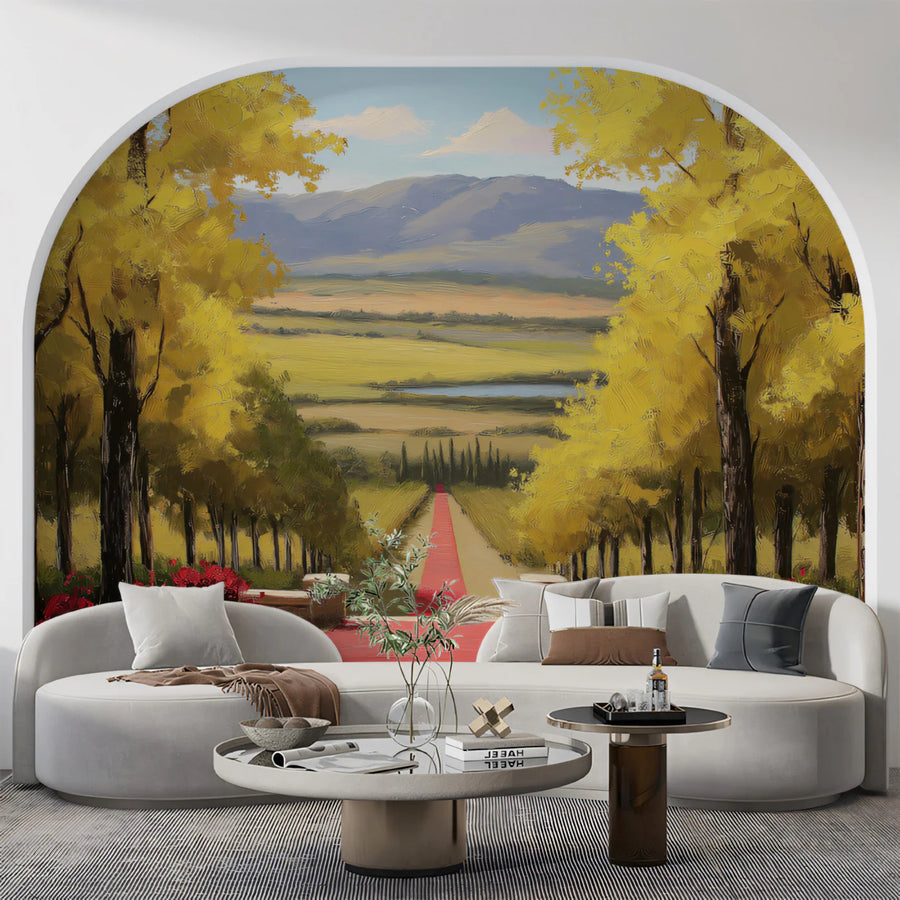 Autumn Vineyard Path Mural Wallpaper — Impressionist Landscape Mural Wallpaper