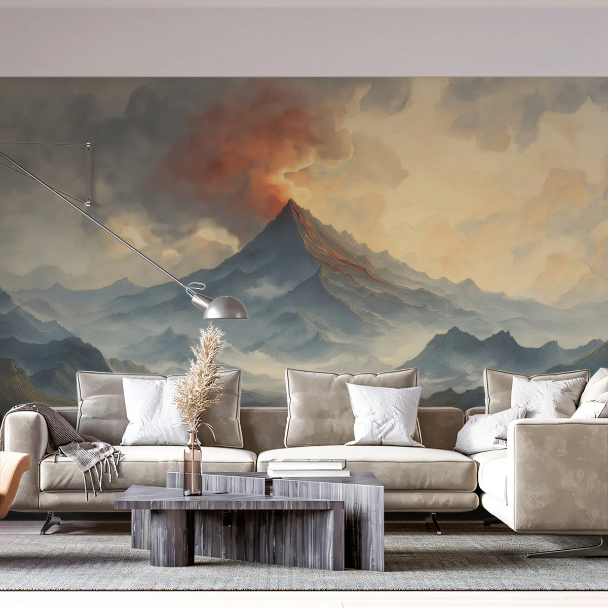 Volcanic Mountain Landscape Mural Wallpaper — Painterly Artistic Scene Mural Wallpaper - pure wallpaper artwork