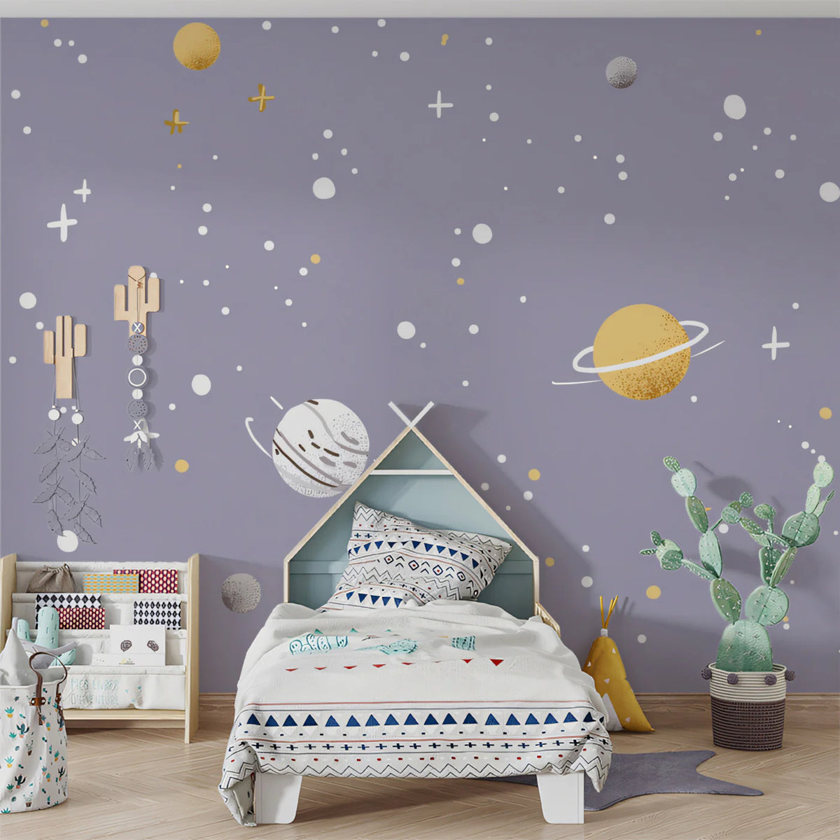 Pastel Galaxy Mural Wallpaper —Whimsical Hand-Drawn Planets Mural Wallpaper - pure wallpaper artwork
