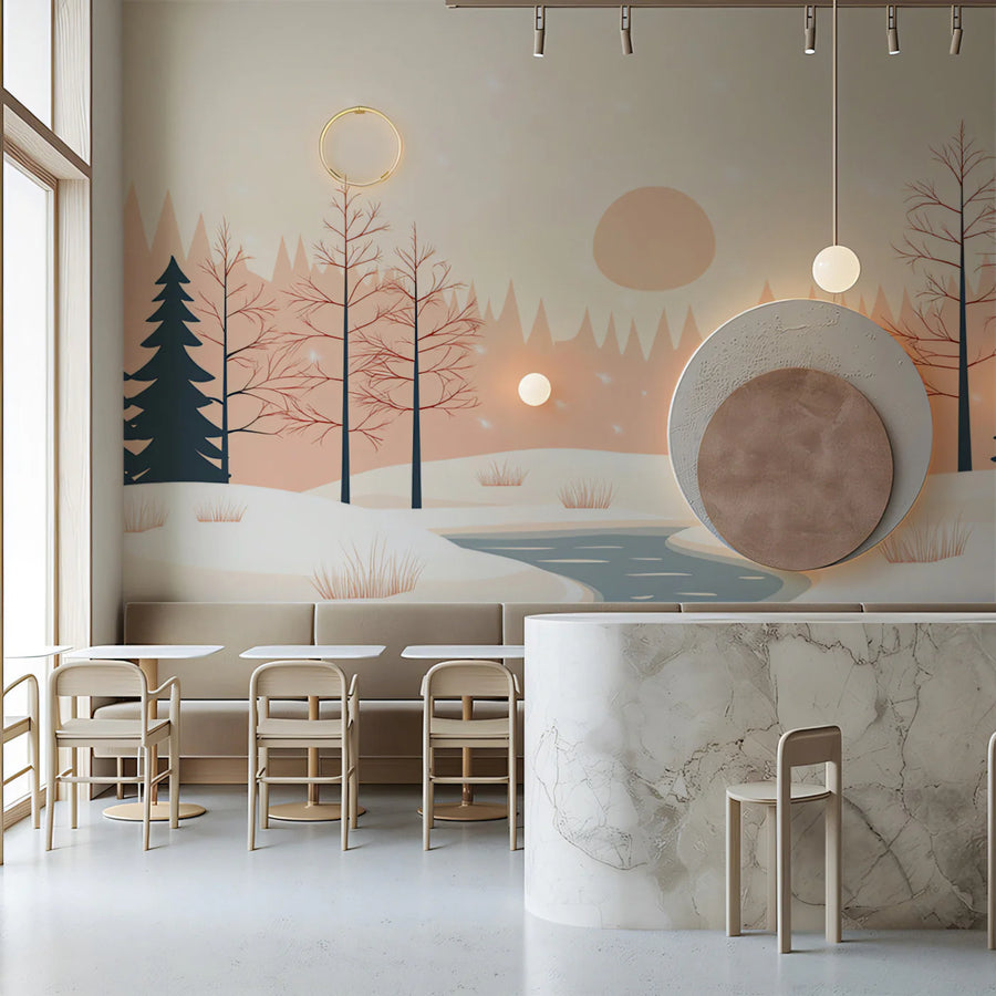 Minimalist Winter Landscape Mural Wallpaper — Soft Peach and Charcoal Mural Wallpaper