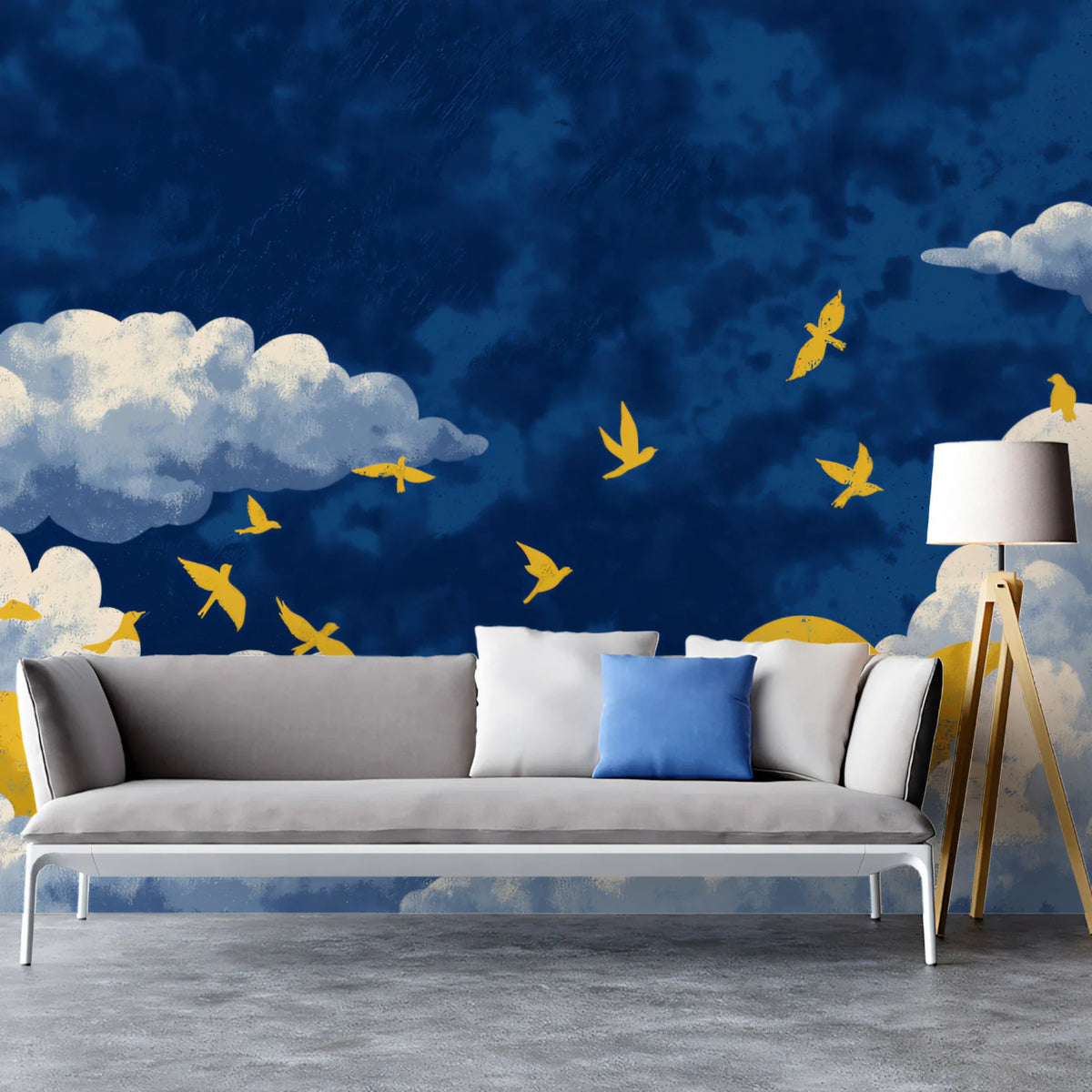 Golden Swallows Mural Wallpaper — Painterly Indigo Sky Pattern Mural Wallpaper - pure wallpaper artwork