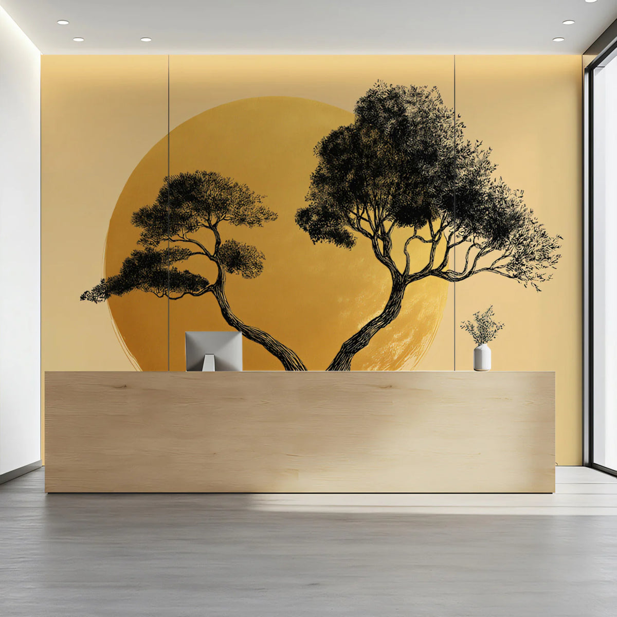 Entwined Tree Silhouette Mural Wallpaper with Golden Sun Backdrop Mural Wallpaper - pure wallpaper artwork