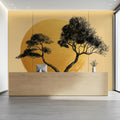 Entwined Tree Silhouette Mural Wallpaper with Golden Sun Backdrop Mural Wallpaper - pure wallpaper artwork