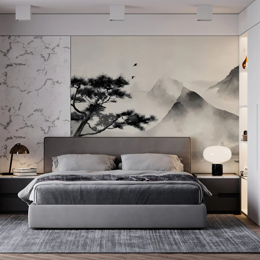 Mist-Shrouded Mountainscape Mural Wallpaper — Ink Wash Landscape Mural Wallpaper
