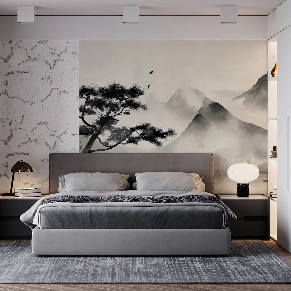 Mist-Shrouded Mountainscape Mural Wallpaper — Ink Wash Landscape Mural Wallpaper - pure wallpaper artwork