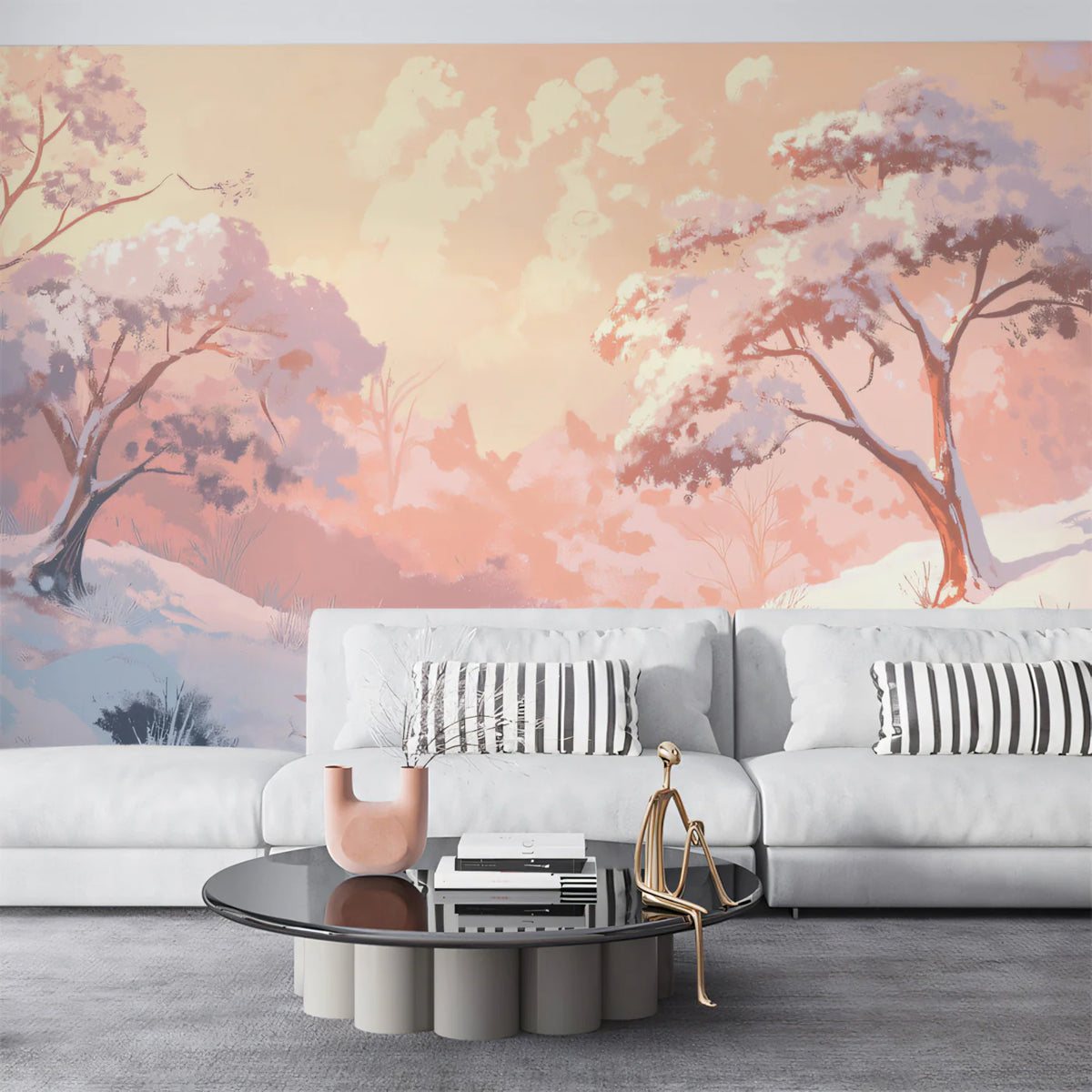 Snowy Peach Blossom Valley Mural Wallpaper — Dreamy Pastel Landscape Mural Wallpaper - pure wallpaper artwork