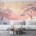 Snowy Peach Blossom Valley Mural Wallpaper — Dreamy Pastel Landscape Mural Wallpaper - pure wallpaper artwork