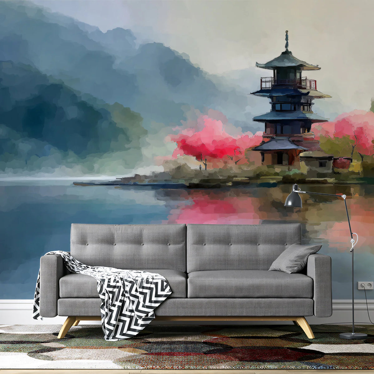 Mist-Covered Lakeside Pagoda Mural Wallpaper — Artistic Impression Mural Wallpaper - pure wallpaper artwork