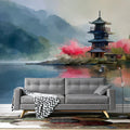 Mist-Covered Lakeside Pagoda Mural Wallpaper — Artistic Impression Mural Wallpaper - pure wallpaper artwork
