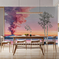 Watercolor Sunset Mountain Mural Wallpaper — Dreamy Lakeside Landscape Mural Wallpaper - pure wallpaper artwork