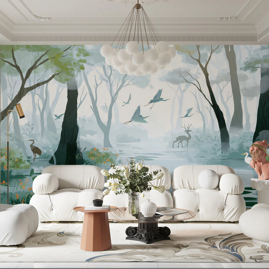 Misty Wetland Wildlife Mural Wallpaper — Ethereal Nature Scene Mural Wallpaper