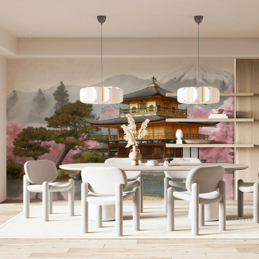 Golden Pavilion Zen Landscape Mural Wallpaper — Painterly Oriental Art Mural Wallpaper