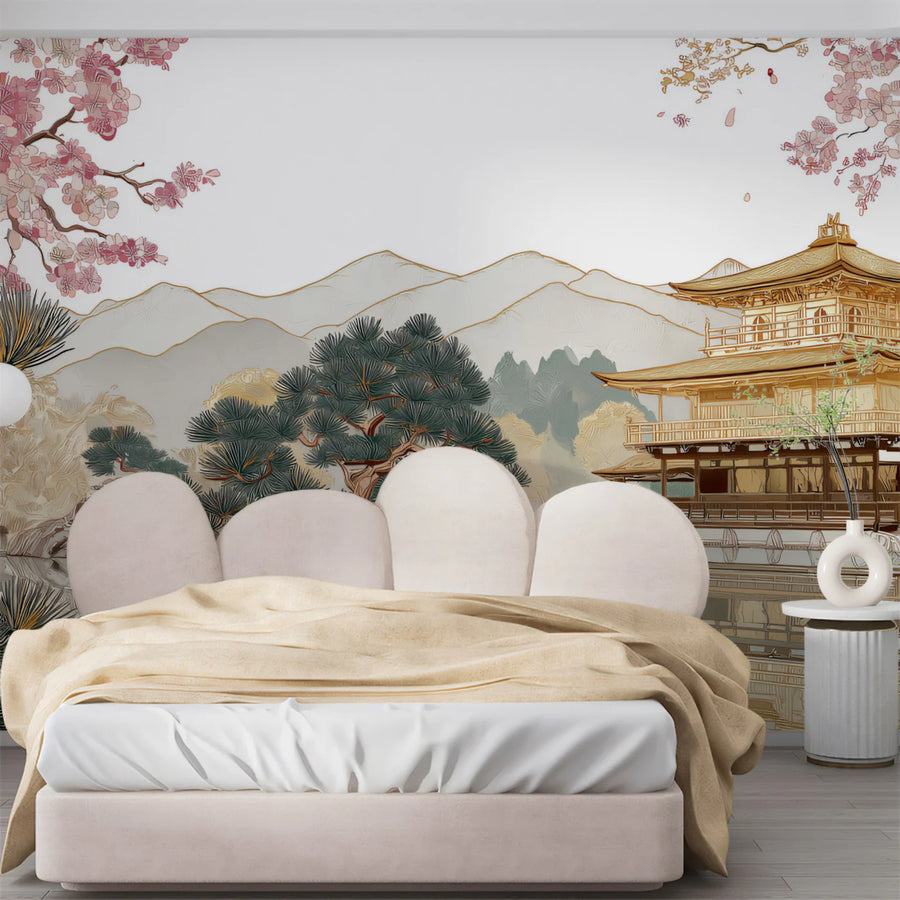 Golden Pavilion & Pink Blossom Mural Wallpaper — Oriental Landscape Mural Wallpaper