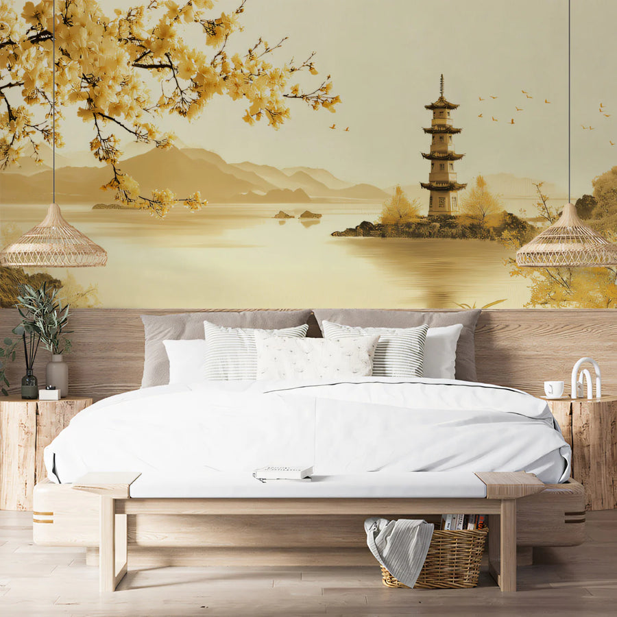 Oriental Pagoda Island Mural Wallpaper — Sepia Mountain Landscape Mural Wallpaper