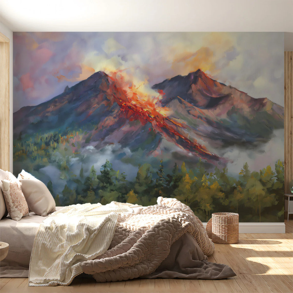Fiery Mountain Peak Mural Wallpaper — Dramatic Oil Painting Scene Mural Wallpaper - pure wallpaper artwork