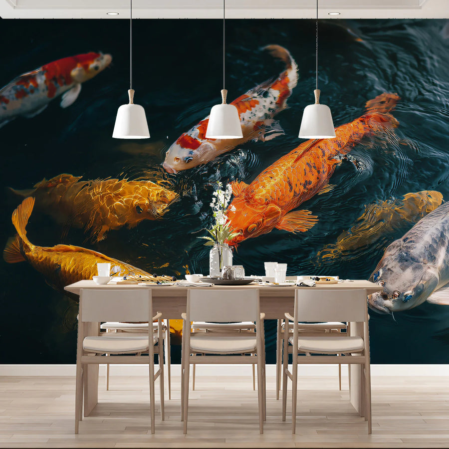 Koi Pond Flow Mural Wallpaper —Realistic Aquatic Nature Scene Mural Wallpaper