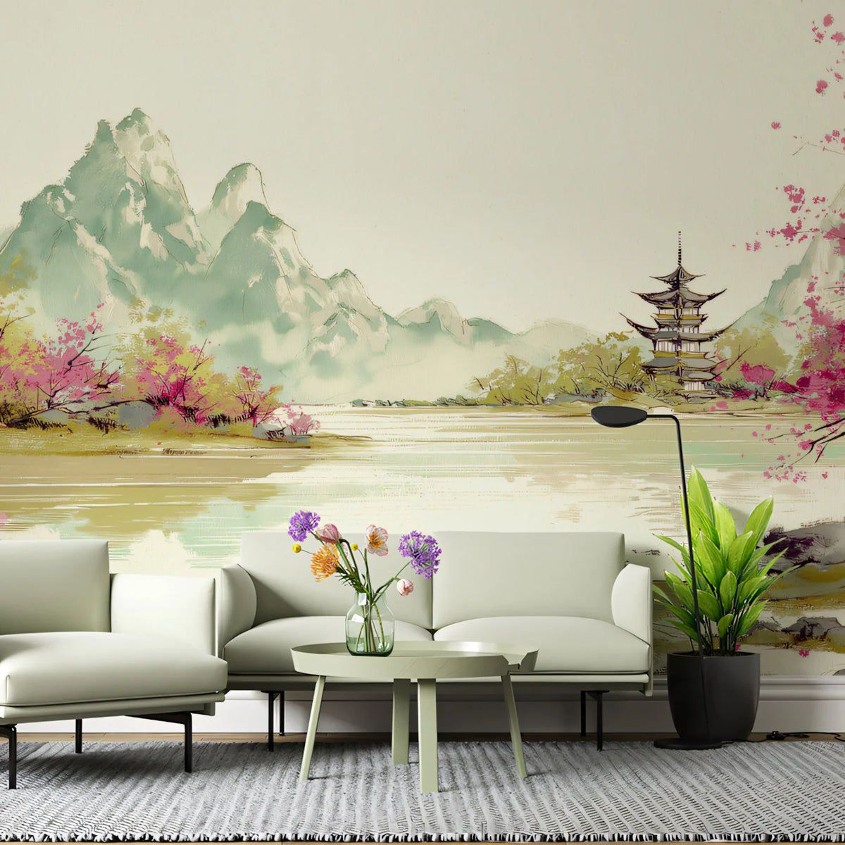 Zen Pagoda Landscape Mural Wallpaper — Painterly Ink Wash Style Mural Wallpaper - pure wallpaper artwork