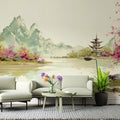 Zen Pagoda Landscape Mural Wallpaper — Painterly Ink Wash Style Mural Wallpaper - pure wallpaper artwork