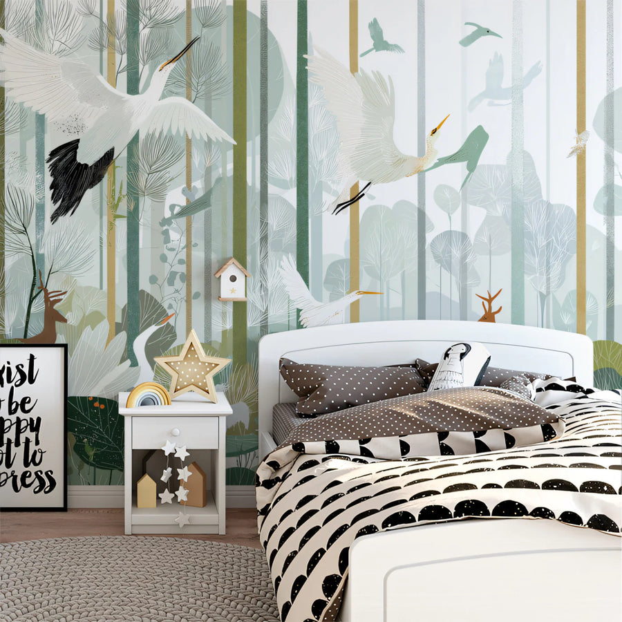 Egrets and Forest Wetlands Mural Wallpaper — Ethereal Nature Scene Mural Wallpaper