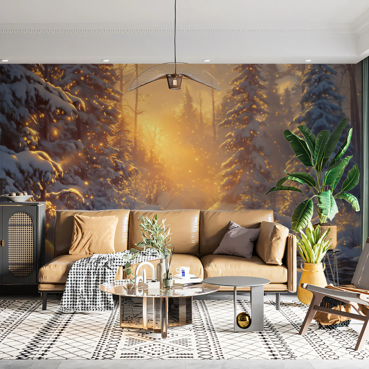 Golden Winter Forest Mural Wallpaper — Radiant Seasonal Landscape Mural Wallpaper - pure wallpaper artwork