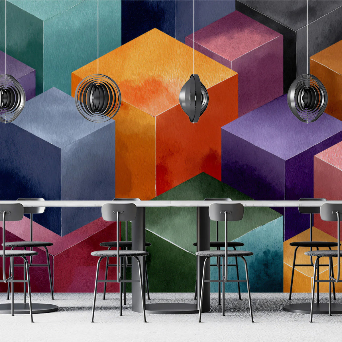 Isometric Watercolor Cube Mural Wallpaper — Modern Geometric Art Mural Wallpaper - pure wallpaper artwork