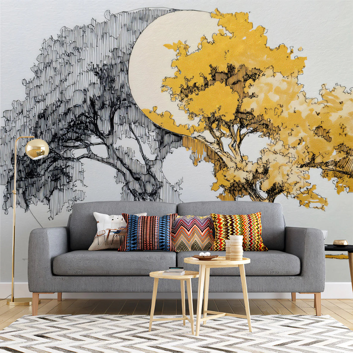 Yin-Yang Tree of Life Mural Wallpaper — Artistic Ink Sketch Mural Wallpaper - pure wallpaper artwork
