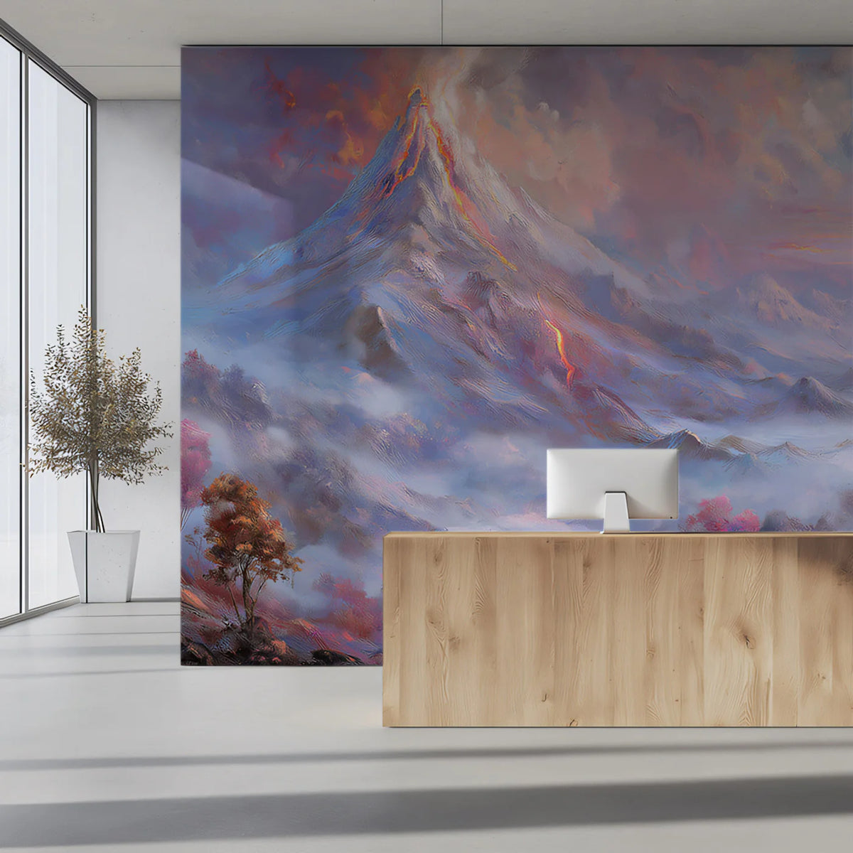 Erupting Volcano Mural Wallpaper — Surreal Pastel Mountain Scenery Mural Wallpaper - pure wallpaper artwork