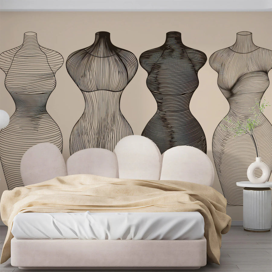 Sculptural Mannequin Line Art Mural — Minimalist Fashion Silhouette Mural Wallpaper