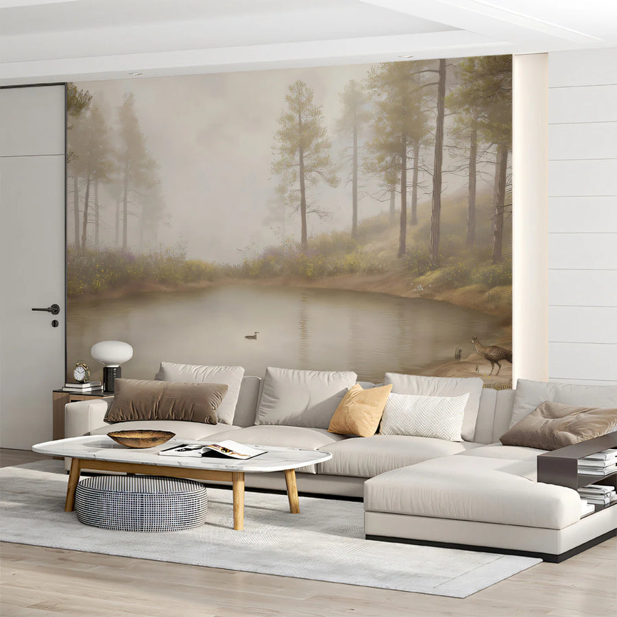 Misty Pond Forest Mural Wallpaper — Nature Landscape Scene Mural Wallpaper