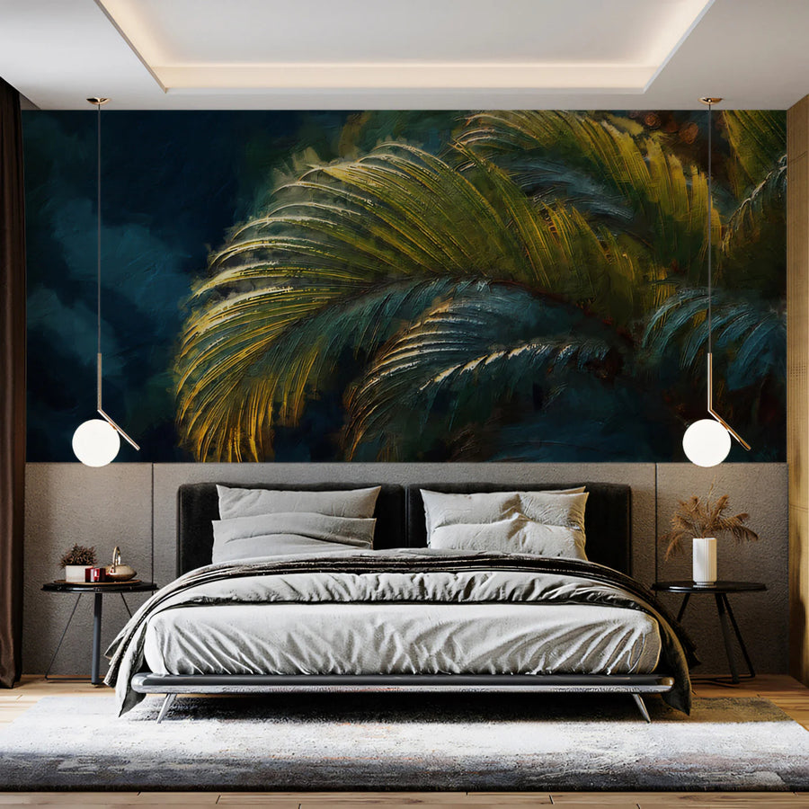 Impressionist Palm Leaf Mural Wallpaper — Moody Jungle Art Mural Wallpaper