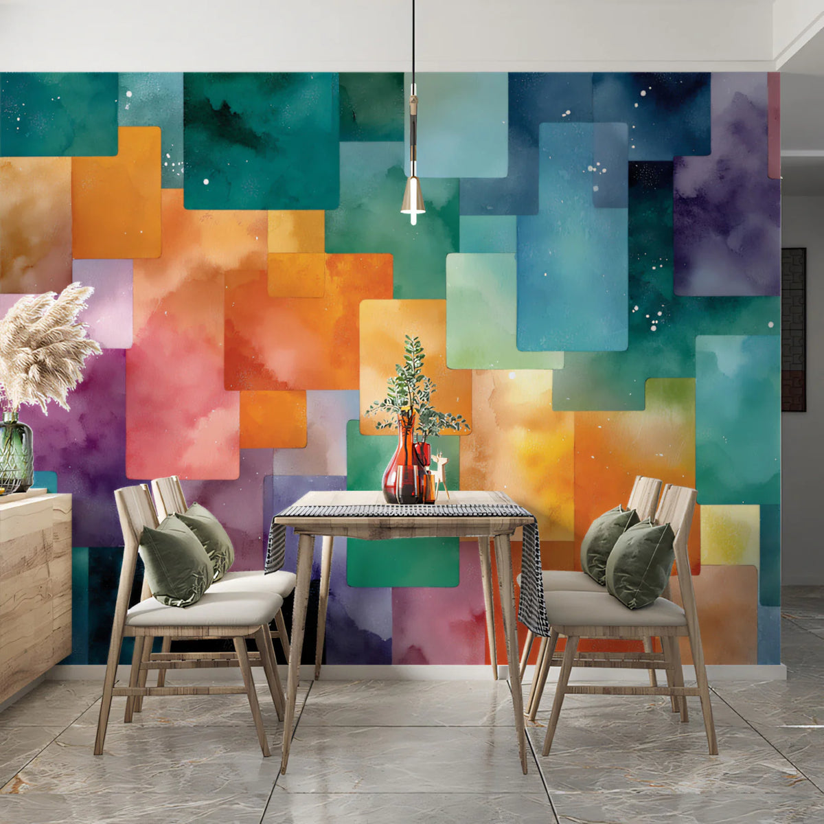 Abstract Watercolor Mosaic Mural Wallpaper — Vibrant Artistic Grid Mural Wallpaper - pure wallpaper artwork