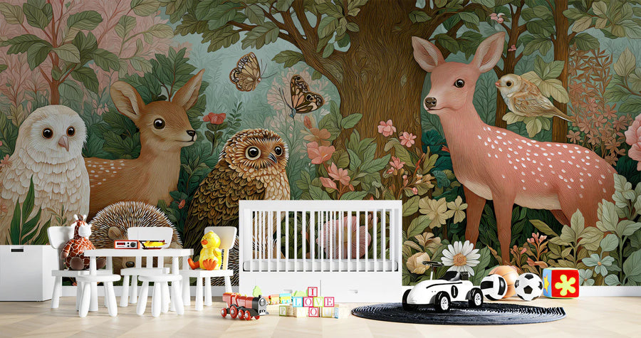 Enchanted Wildlife Forest Mural Wallpaper — Whimsical Storybook Art Mural Wallpaper