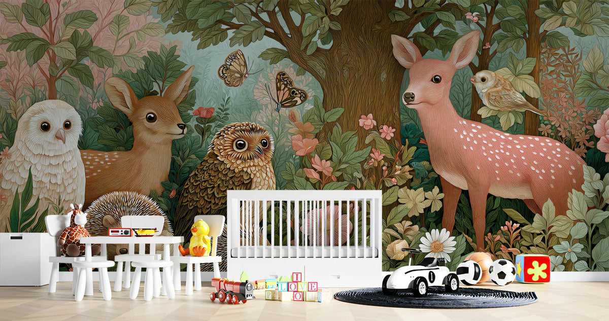 Enchanted Wildlife Forest Mural Wallpaper — Whimsical Storybook Art Mural Wallpaper - pure wallpaper artwork