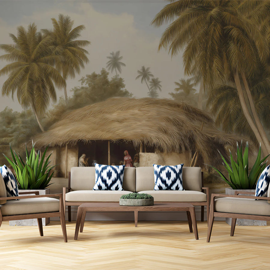 Vintage Tropical Village Mural Wallpaper — Hand-Drawn Landscape Mural Wallpaper