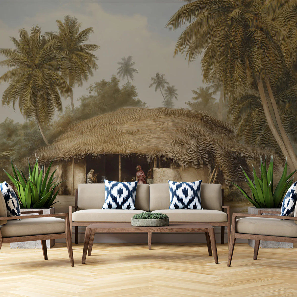 Vintage Tropical Village Mural Wallpaper — Hand-Drawn Landscape Mural Wallpaper - pure wallpaper artwork