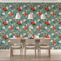 Vintage Rose Garden Floral Mural Wallpaper in Muted Teal Mural Wallpaper - pure wallpaper artwork