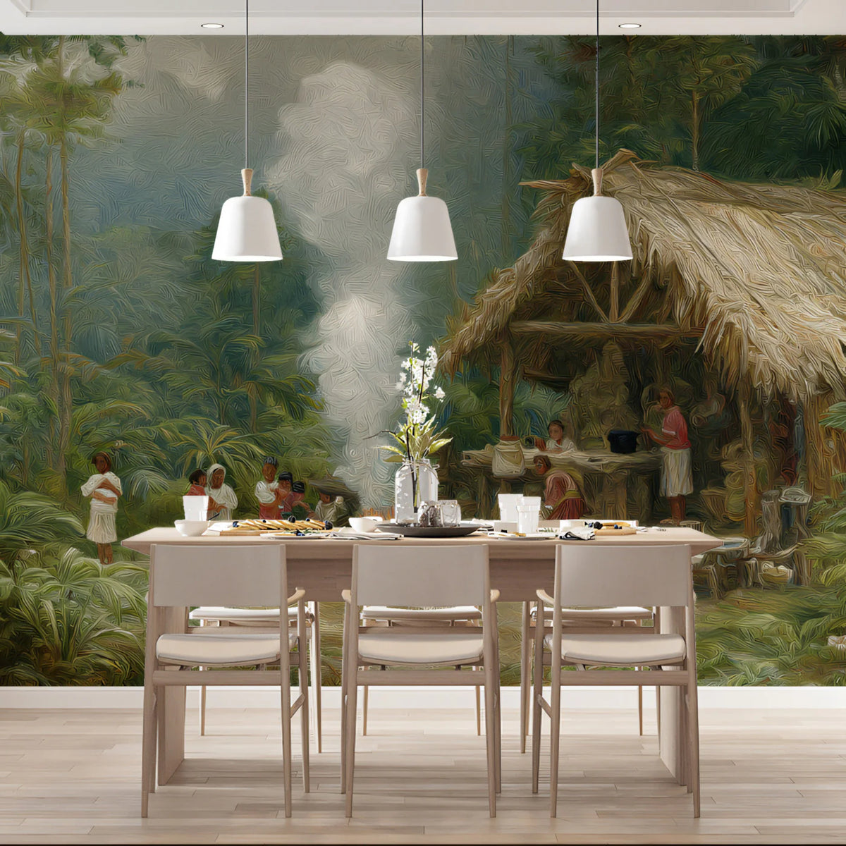 Jungle Settlement Oil Painting Mural Wallpaper — Impressionist Art Mural Wallpaper - pure wallpaper artwork