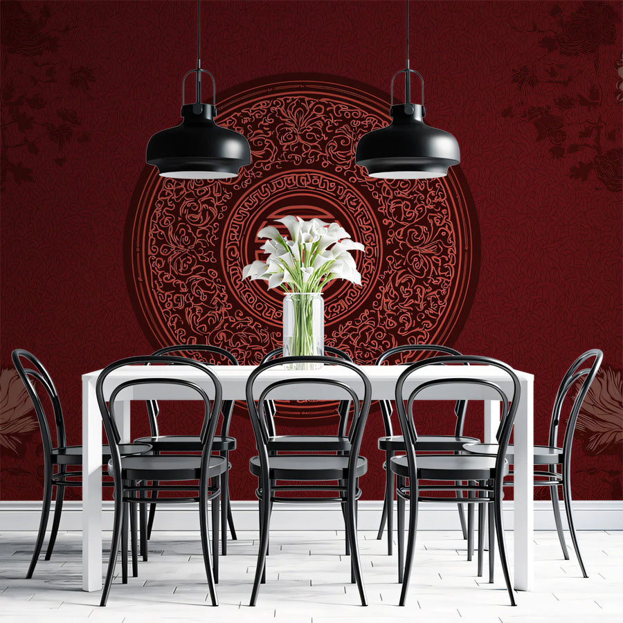 Imperial Crimson Shou Symbol Mural Wallpaper — Traditional Heritage Mural Wallpaper