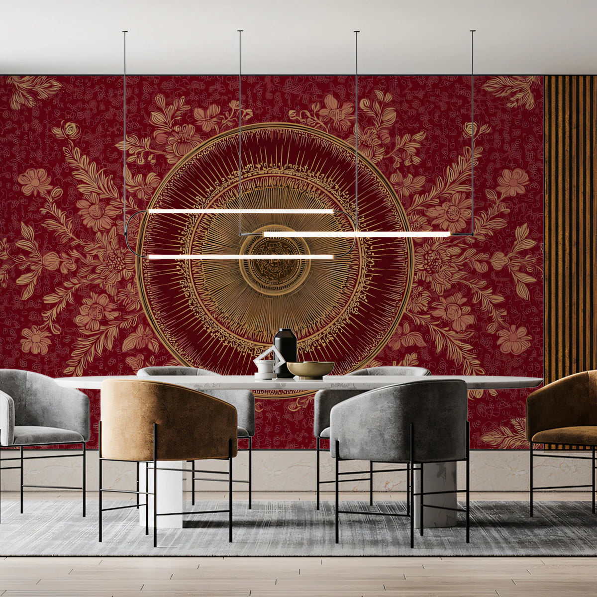 Crimson and Gold Mandala Mural Wallpaper — Royal Floral Pattern Mural Wallpaper - pure wallpaper artwork