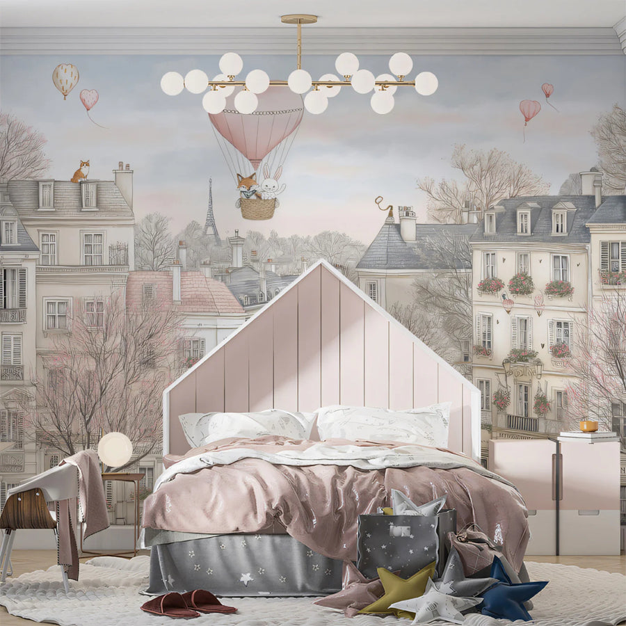 Parisian Sketch Townscape Mural Wallpaper — Soft Pink and Cream Mural Wallpaper