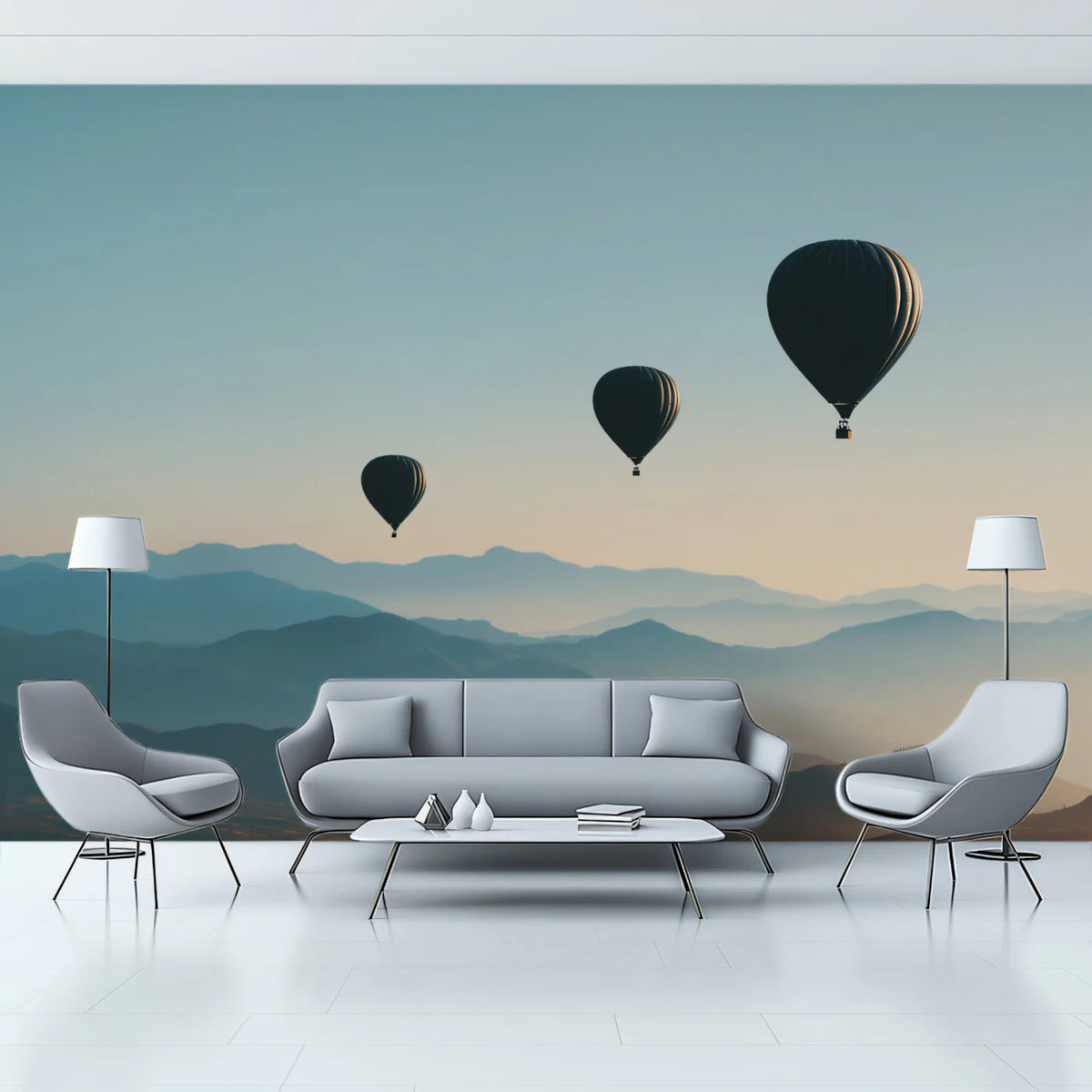 Floating Hot Air Balloons Over Misty Mountains Mural Wallpaper - pure wallpaper artwork
