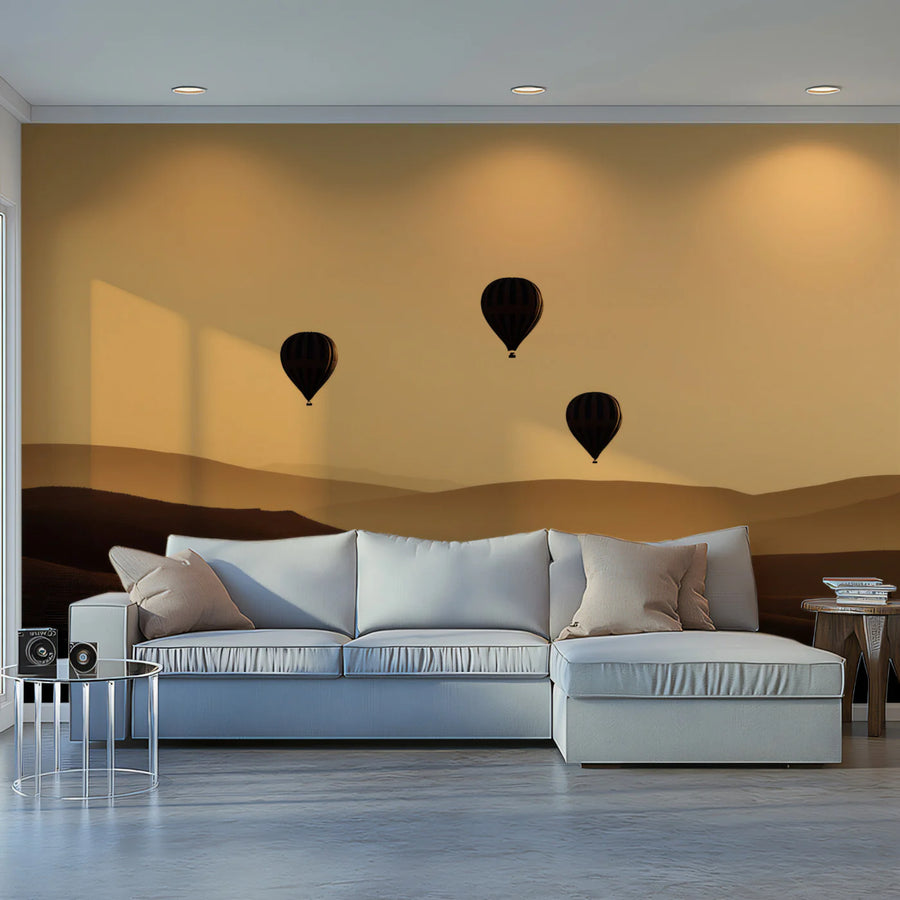 Hot Air Balloon Sunset Hills Mural Wallpaper — Minimalist Landscape Mural Wallpaper