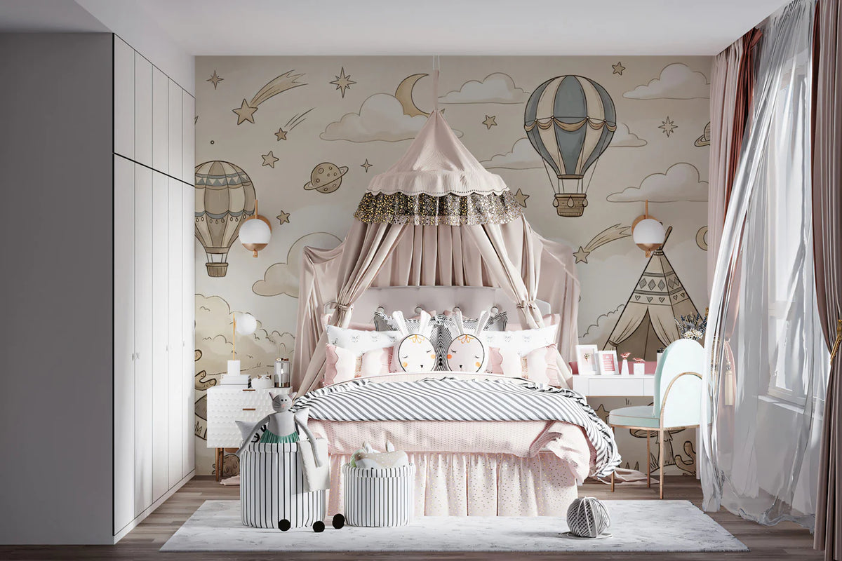 Vintage Sky Adventure Mural Wallpaper — Sepia Sketch Scene Mural Wallpaper - pure wallpaper artwork