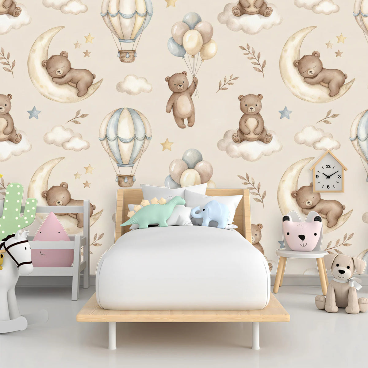 Sleepy Bear and Moon Mural Wallpaper — Soft Whimsical Pattern Mural Wallpaper - pure wallpaper artwork