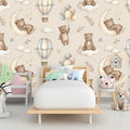 Sleepy Bear and Moon Mural Wallpaper — Soft Whimsical Pattern Mural Wallpaper - pure wallpaper artwork