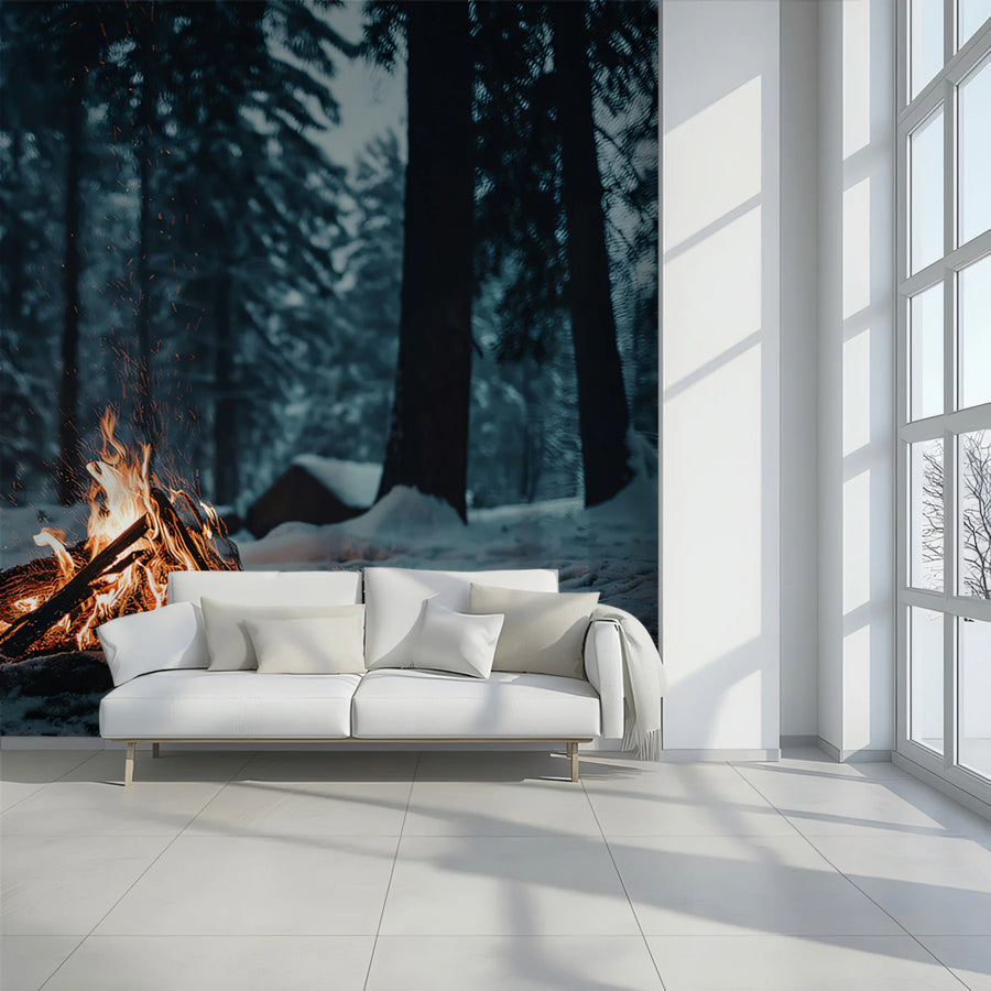 Winter Campfire Forest Mural Wallpaper — Moody Nature Design Mural Wallpaper