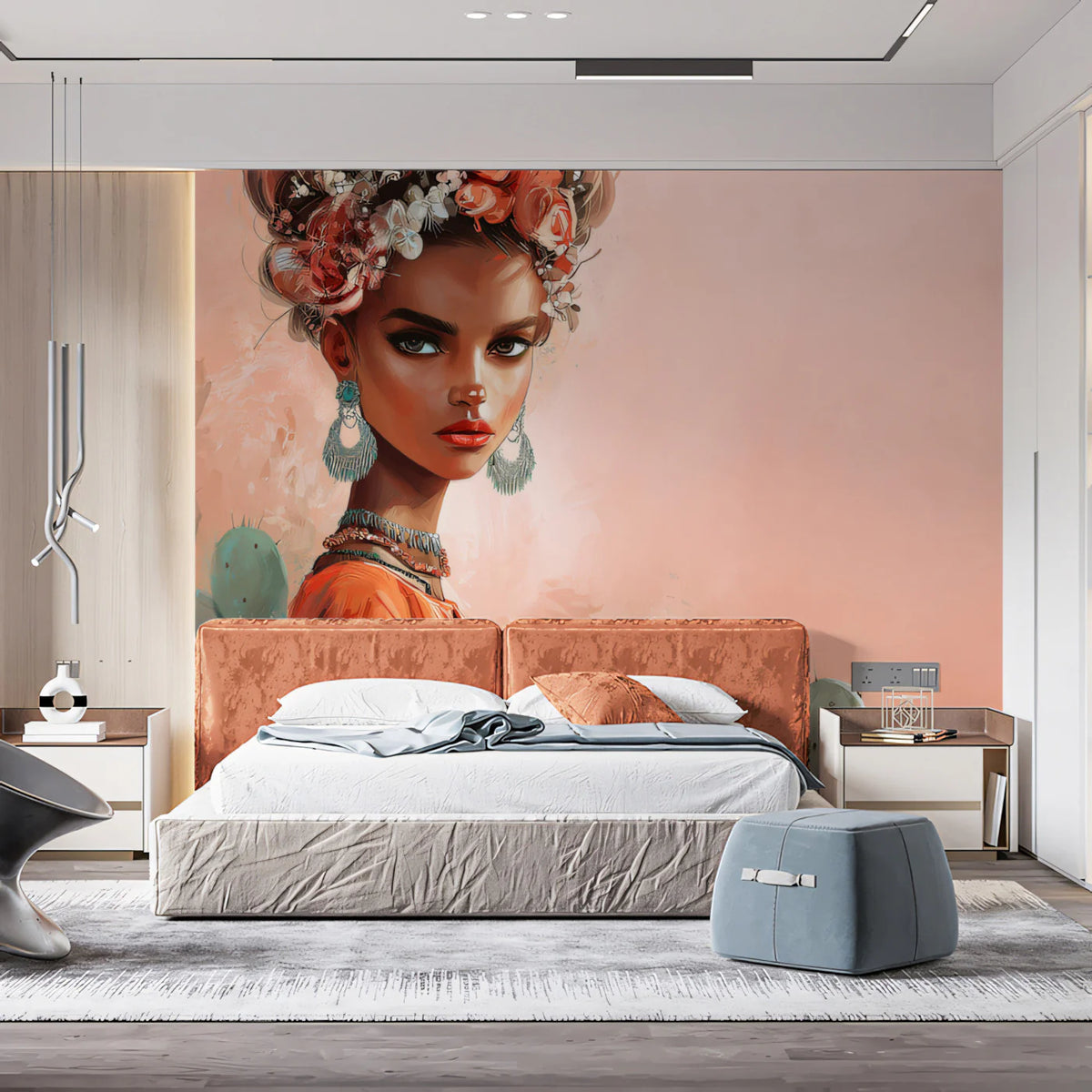 Bohemian Portrait Mural Wallpaper — Floral and Cactus Art Mural Wallpaper - pure wallpaper artwork