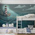 Whale and Lighthouse Ocean Dream Mural Wallpaper — Whimsical Night Mural Wallpaper - pure wallpaper artwork